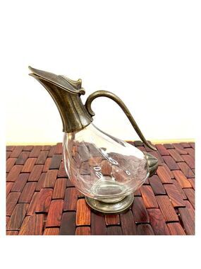 Vintage Duck Decanter Brass & Glass Italian Wine Pitcher with Hinged Lid Barware